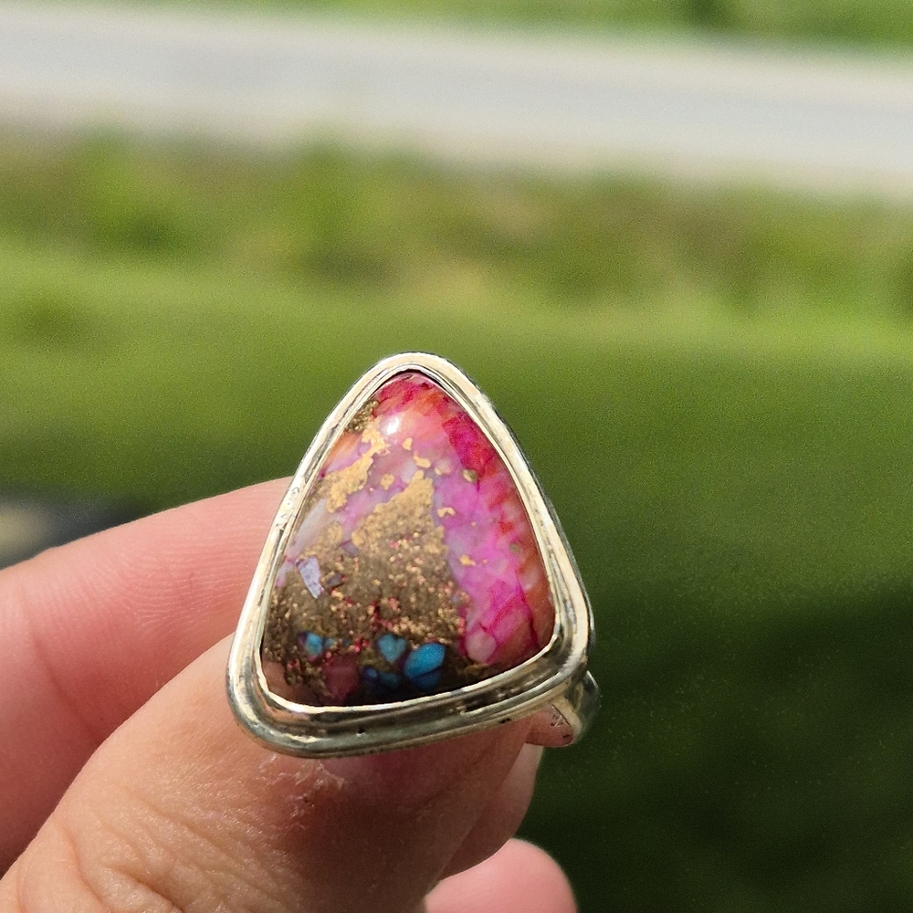 925 Silver Pink Cotton Candy Cooper Turqouis Artisanal Handmade Ring - Picture 2 of 11